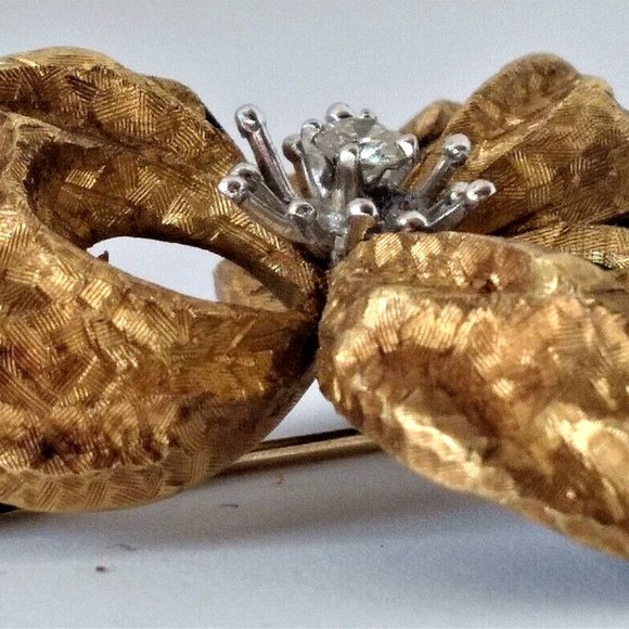Estate 18K Yellow Italian Gold "Bow" Brooch with Diamond circa 1950 (vintage) - Picture 2 of 4